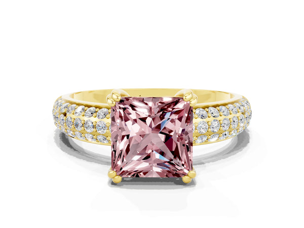 Yellow gold Princess Cut Cut Pave Diamond Engagement Ring with Channel Set Band and Four-Prong Setting