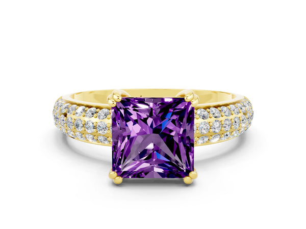 Yellow gold Princess Cut Amethyst Solitaire Ring with Multi-Row Round Pavé Band and Prong Setting
