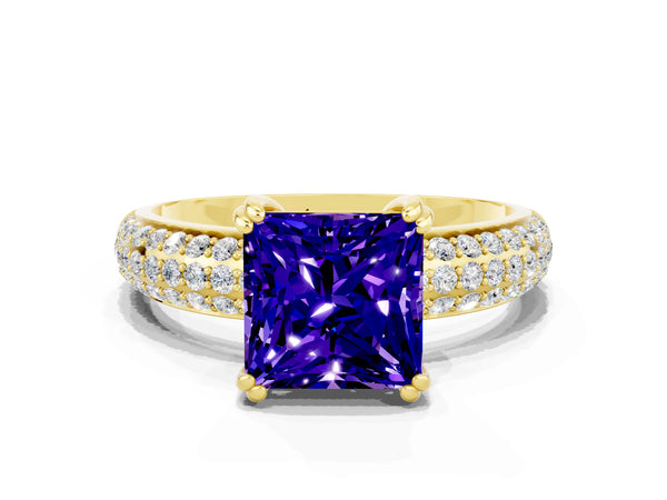 Yellow gold Princess Cut Tanzanite Solitaire Ring with Multi-Row Round Pavé Band and Prong Setting