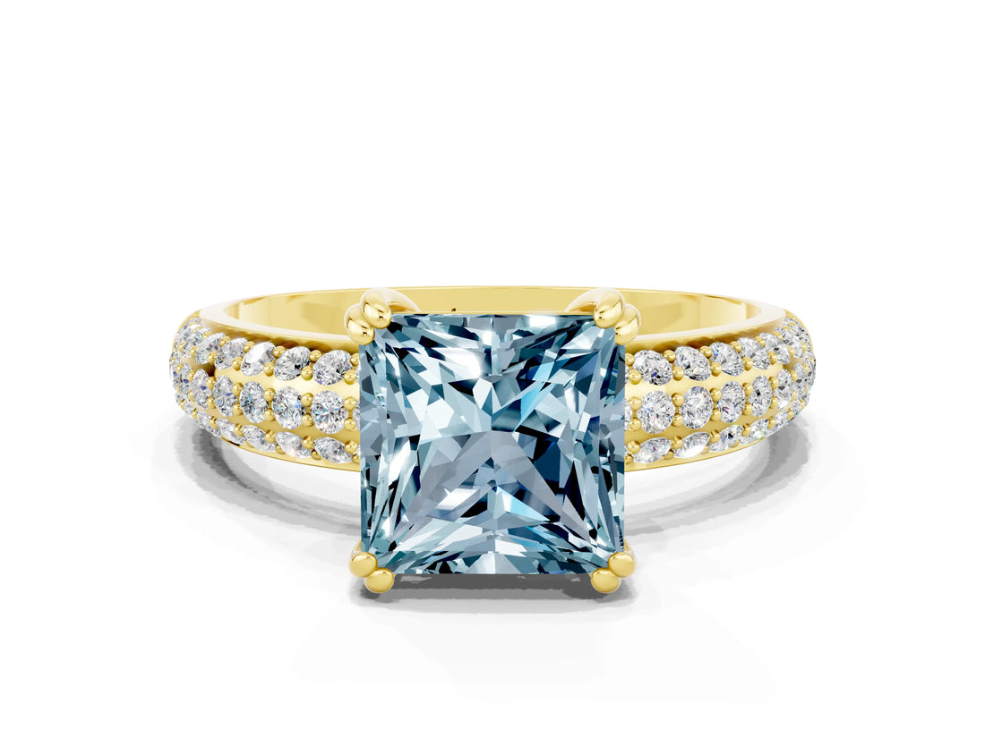 Yellow gold Princess Cut Cut Pave Diamond Engagement Ring with Channel Set Band and Four-Prong Setting