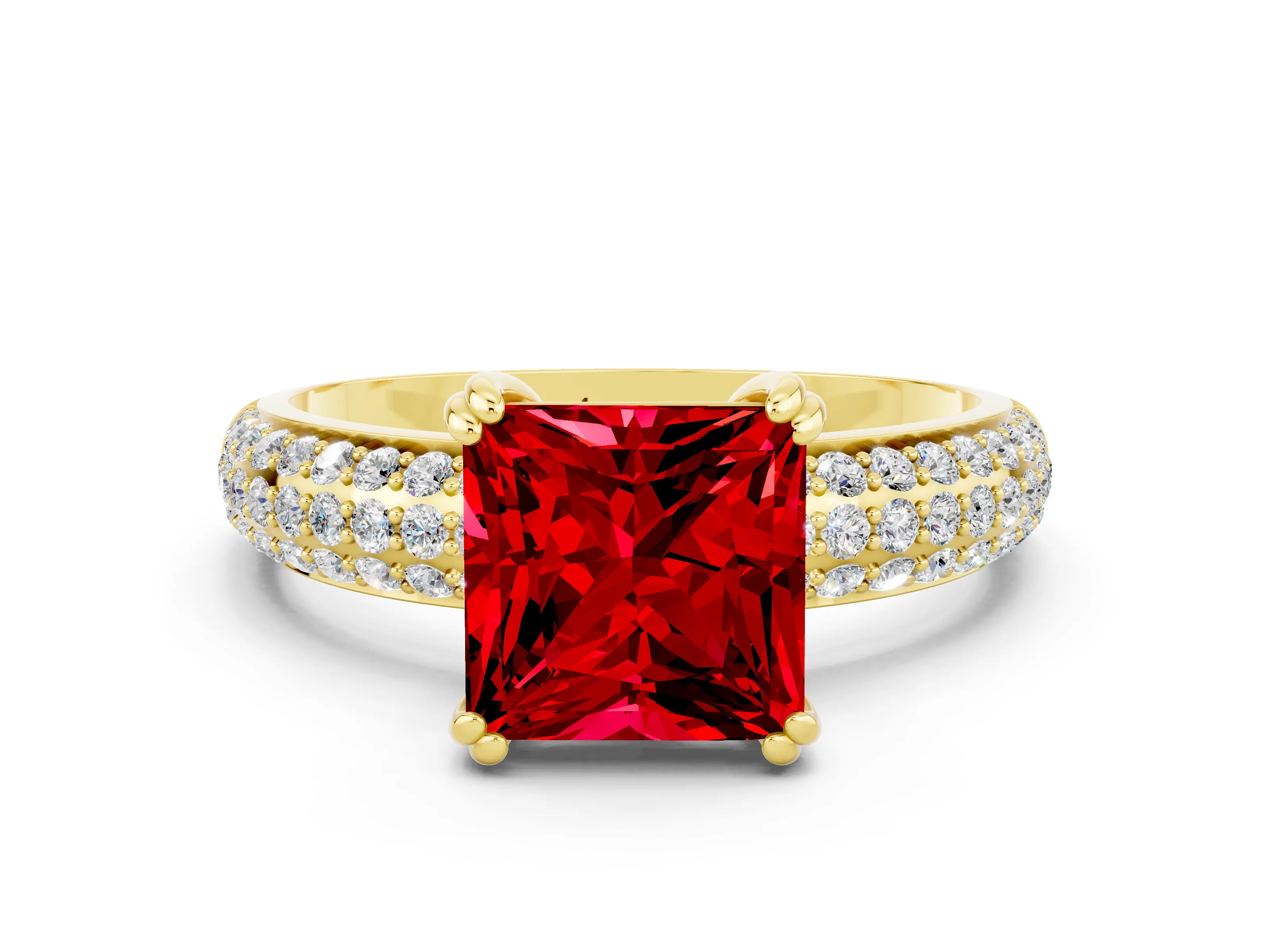 Yellow gold Princess Cut Cut Pave Diamond Engagement Ring with Channel Set Band and Four-Prong Setting