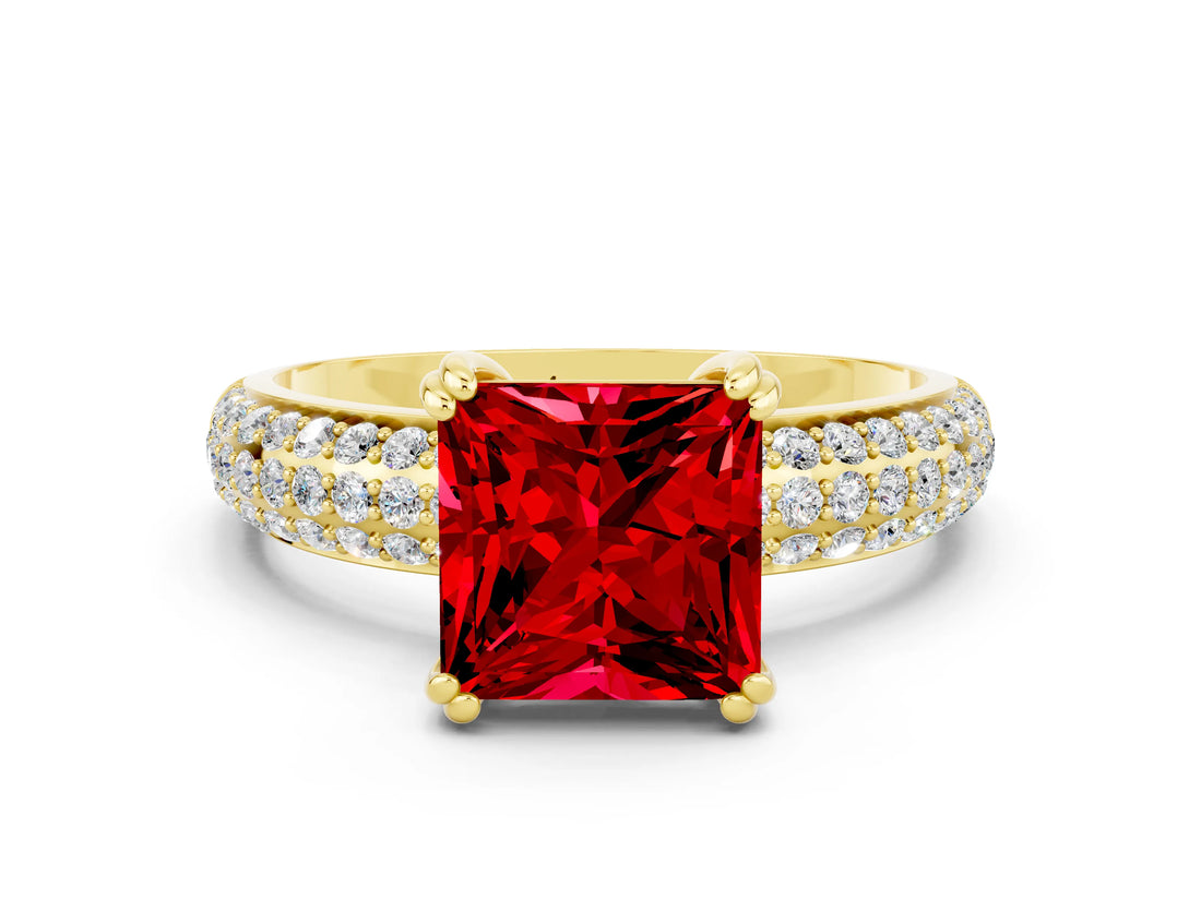 Yellow gold Princess Cut Cut Pave Diamond Engagement Ring with Channel Set Band and Four-Prong Setting