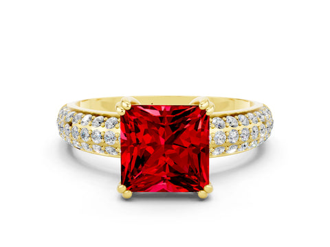 Yellow gold Princess Cut Cut Pave Diamond Engagement Ring with Channel Set Band and Four-Prong Setting