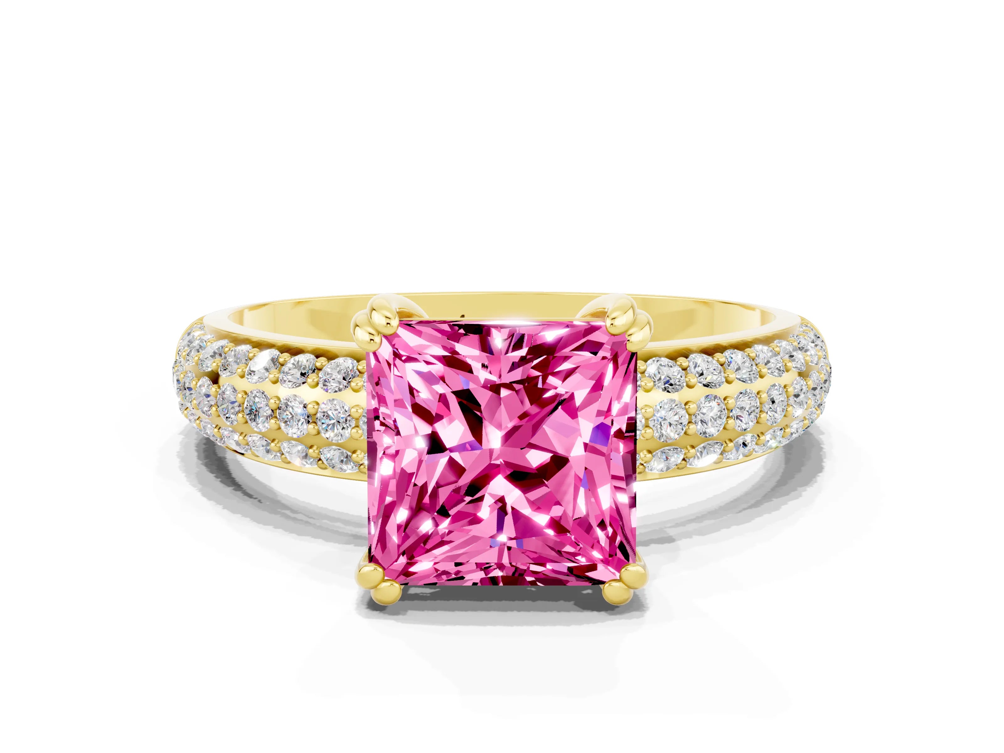 Yellow gold Princess Cut Cut Pave Diamond Engagement Ring with Channel Set Band and Four-Prong Setting