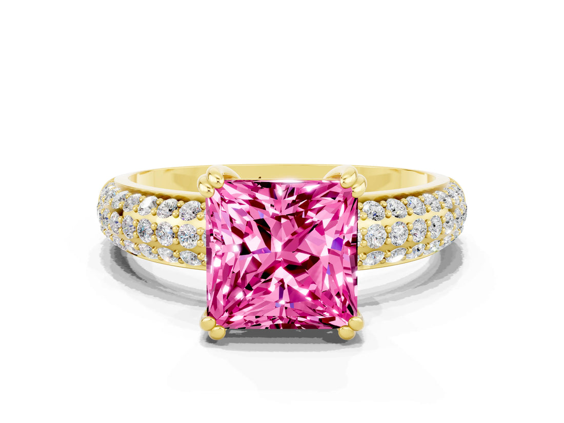 Yellow gold Princess Cut Cut Pave Diamond Engagement Ring with Channel Set Band and Four-Prong Setting