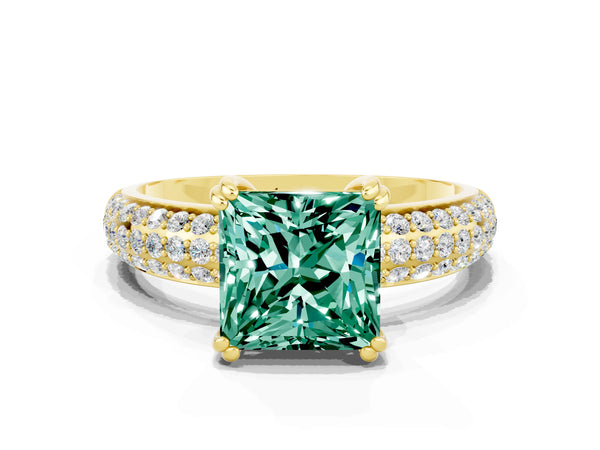 Yellow gold Princess Cut Green Sapphire Solitaire Ring with Multi-Row Round Pavé Band and Prong Setting
