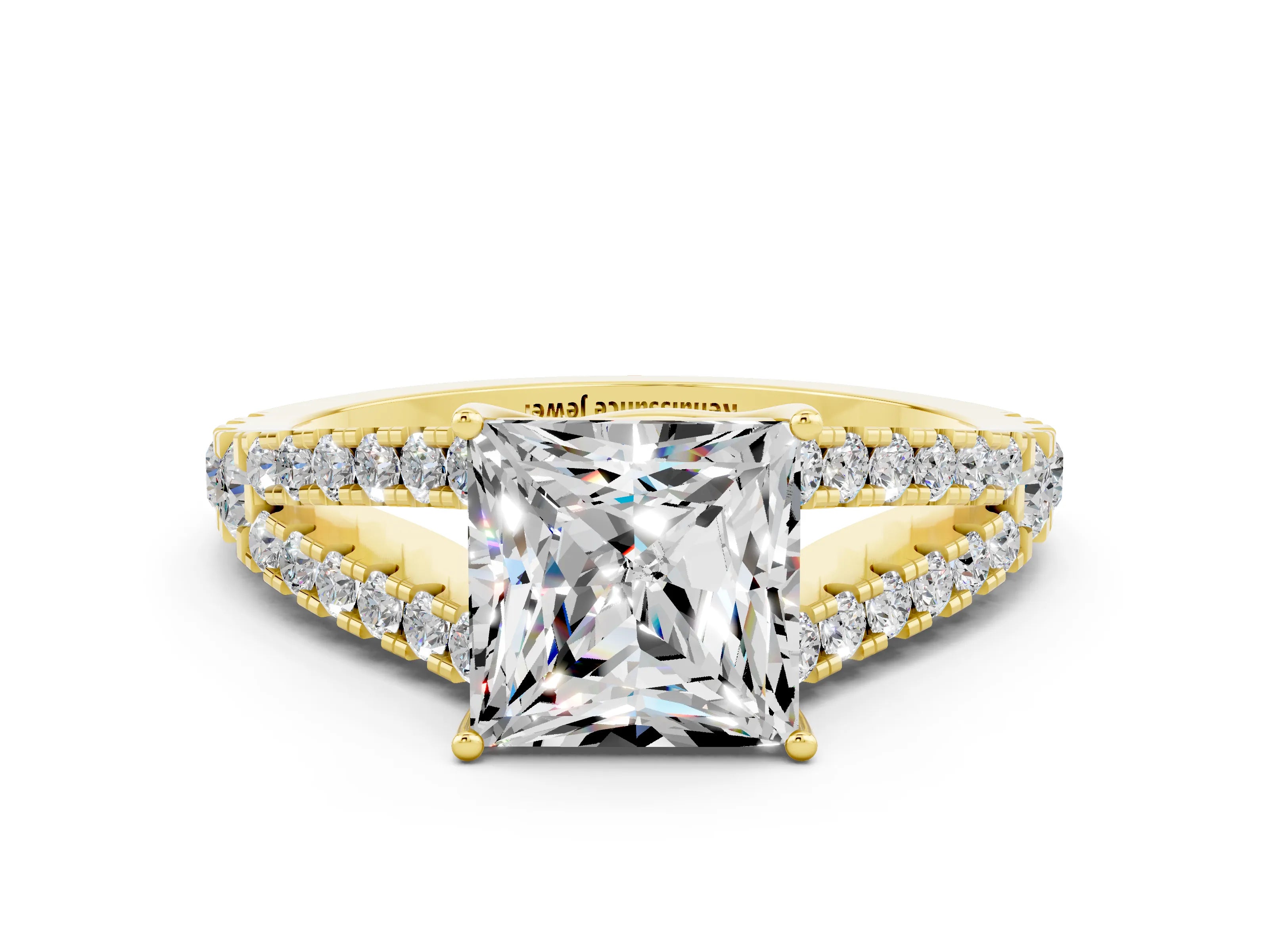 Yellow gold Princess Cut Cut Split Shank Pave Diamond Engagement Ring with Four-Prong Setting
