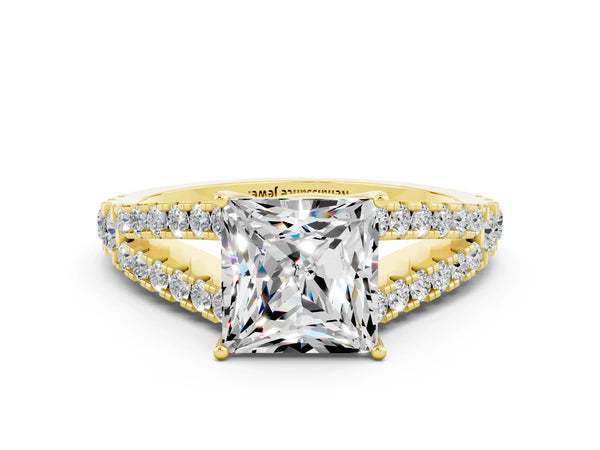 Yellow gold Princess Cut Moissanite Split Shank Engagement Ring with Round Pavé and Prong Setting
