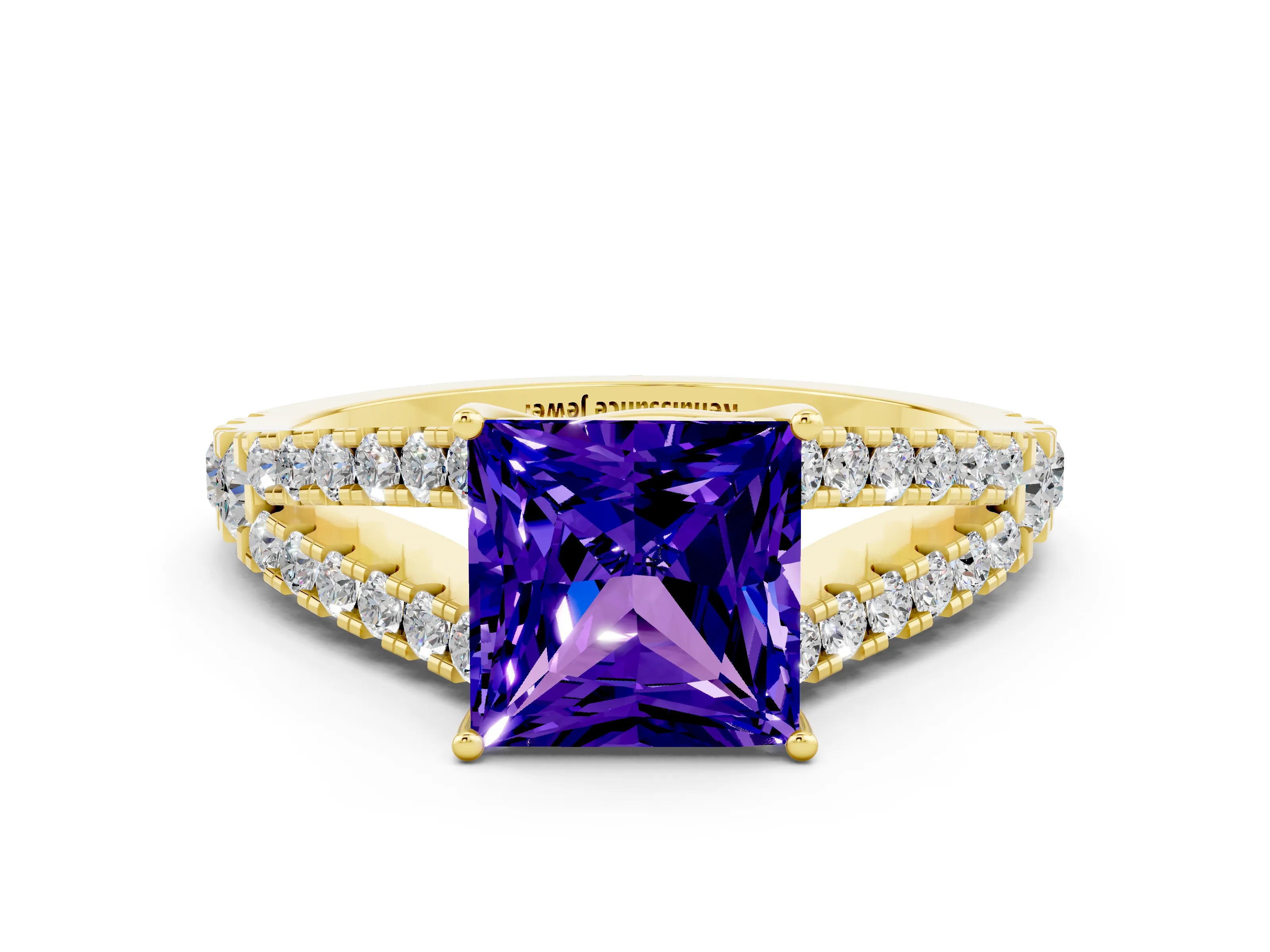 Yellow gold Princess Cut Cut Split Shank Pave Diamond Engagement Ring with Four-Prong Setting