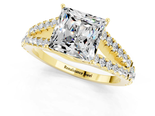 Yellow gold Princess Cut Moissanite Split Shank Engagement Ring with Round Pavé and Prong Setting