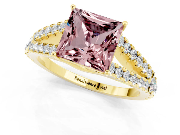 Yellow gold Princess Cut Cut Split Shank Pave Diamond Engagement Ring with Four-Prong Setting