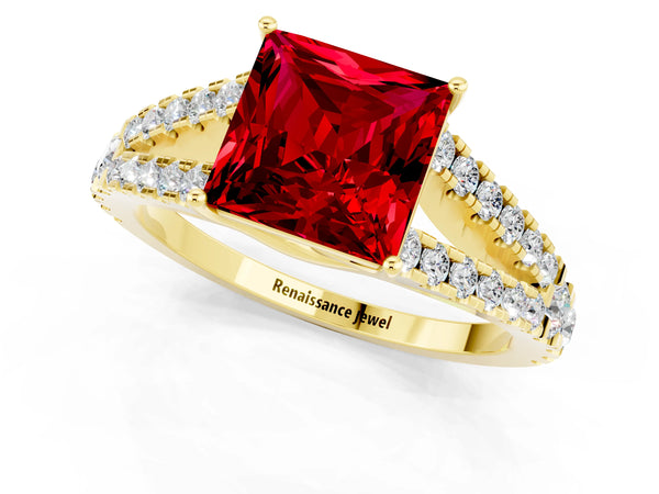 Yellow gold Princess Cut Ruby Split Shank Engagement Ring with Round Pavé and Prong Setting