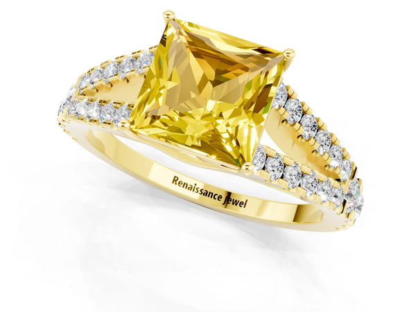 Yellow gold Princess Cut Yellow Sapphire Split Shank Engagement Ring with Round Pavé and Prong Setting