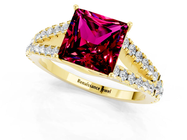 Yellow gold Princess Cut Garnet Split Shank Engagement Ring with Round Pavé and Prong Setting