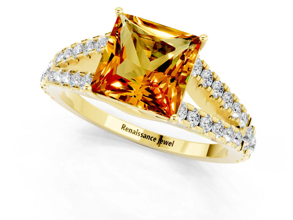 Yellow gold Princess Cut Citrine Split Shank Engagement Ring with Round Pavé and Prong Setting