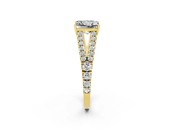 Yellow gold Princess Cut Moissanite Split Shank Engagement Ring with Round Pavé and Prong Setting