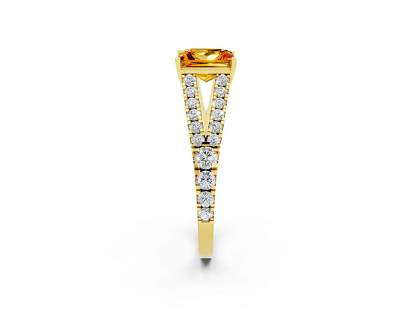 Yellow gold Princess Cut Citrine Split Shank Engagement Ring with Round Pavé and Prong Setting