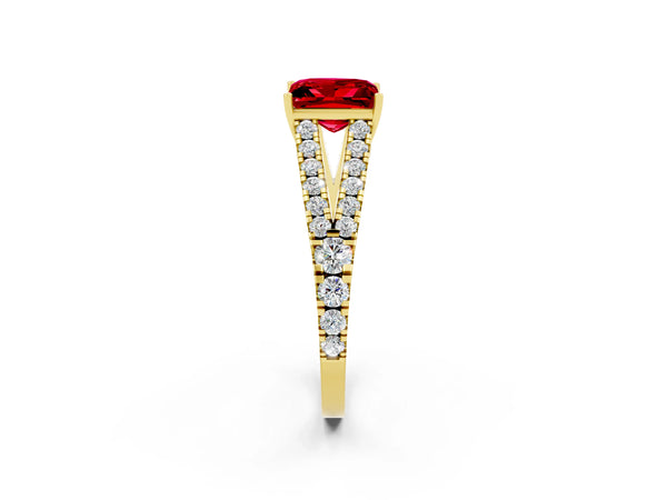 Yellow gold Princess Cut Ruby Split Shank Engagement Ring with Round Pavé and Prong Setting