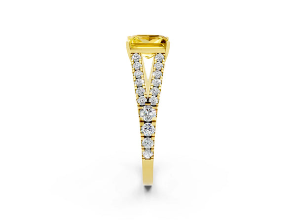 Yellow gold Princess Cut Yellow Sapphire Split Shank Engagement Ring with Round Pavé and Prong Setting