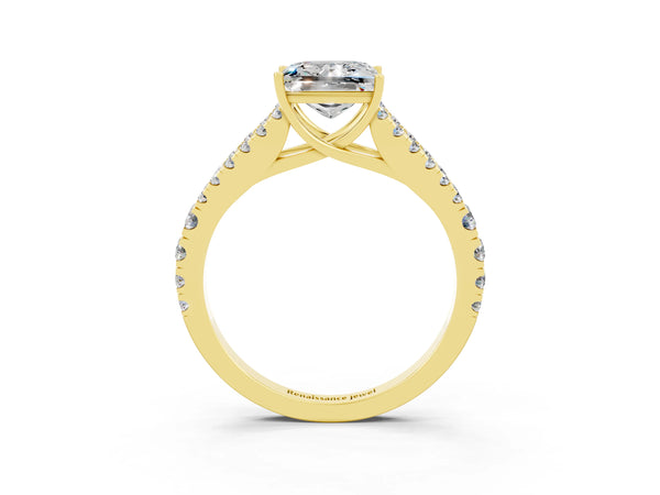 Yellow gold Princess Cut Moissanite Split Shank Engagement Ring with Round Pavé and Prong Setting