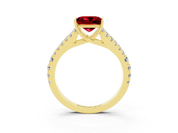 Yellow gold Princess Cut Ruby Split Shank Engagement Ring with Round Pavé and Prong Setting