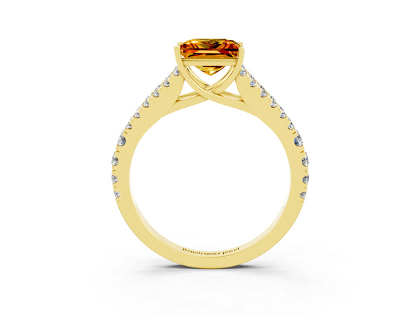 Yellow gold Princess Cut Citrine Split Shank Engagement Ring with Round Pavé and Prong Setting
