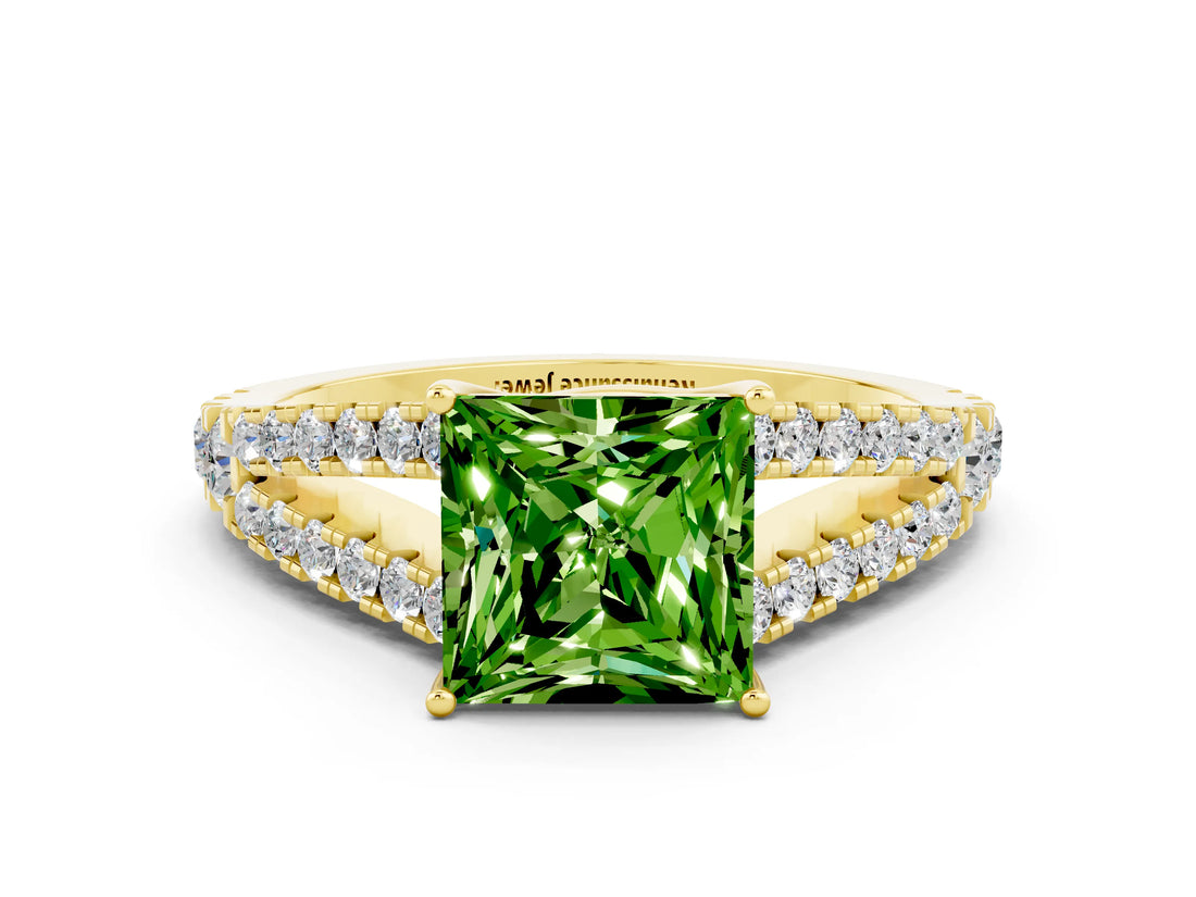 Yellow gold Princess Cut Cut Split Shank Pave Diamond Engagement Ring with Four-Prong Setting