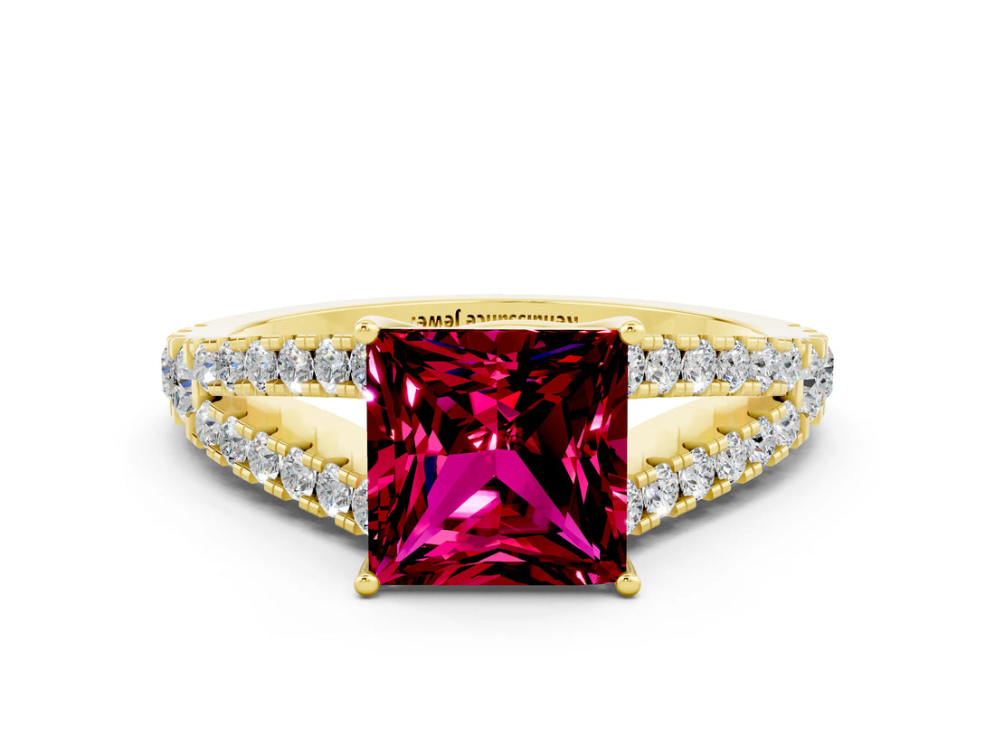 Yellow gold Princess Cut Cut Split Shank Pave Diamond Engagement Ring with Four-Prong Setting