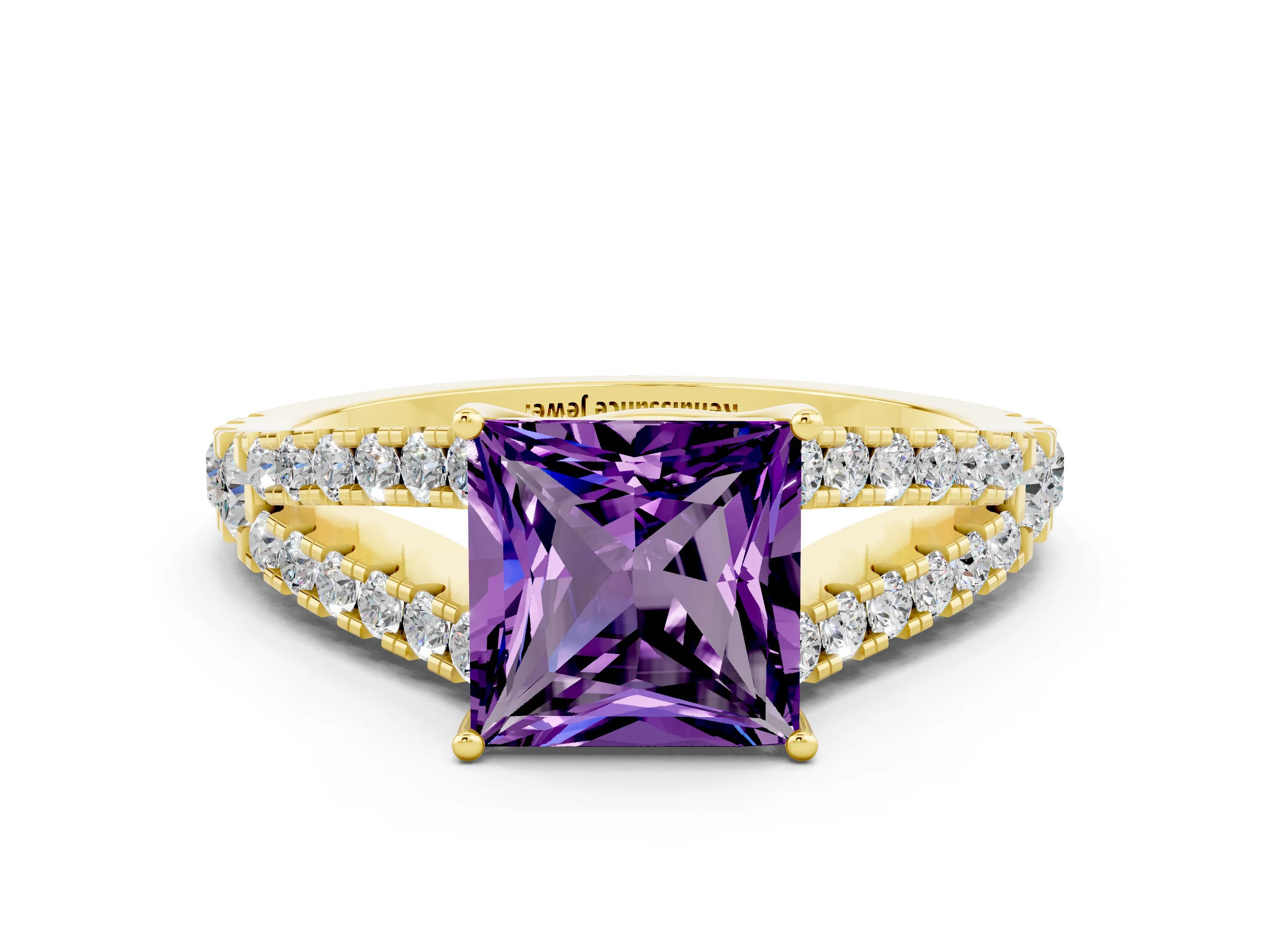 Yellow gold Princess Cut Cut Split Shank Pave Diamond Engagement Ring with Four-Prong Setting