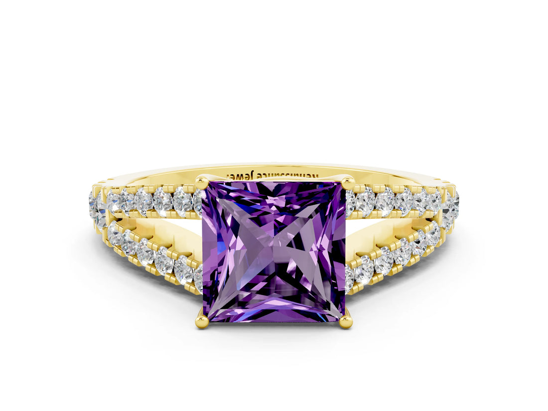 Yellow gold Princess Cut Cut Split Shank Pave Diamond Engagement Ring with Four-Prong Setting