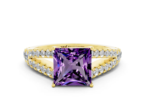 Yellow gold Princess Cut Amethyst Split Shank Engagement Ring with Round Pavé and Prong Setting
