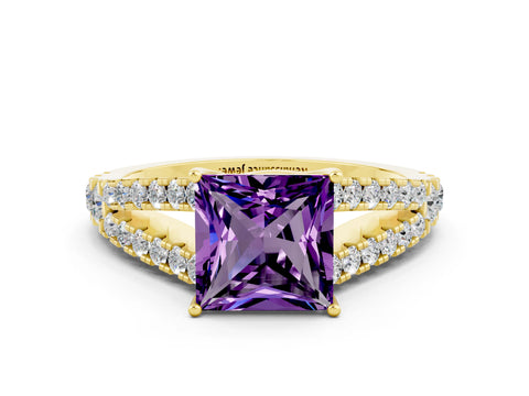 Yellow gold Princess Cut Cut Split Shank Pave Diamond Engagement Ring with Four-Prong Setting