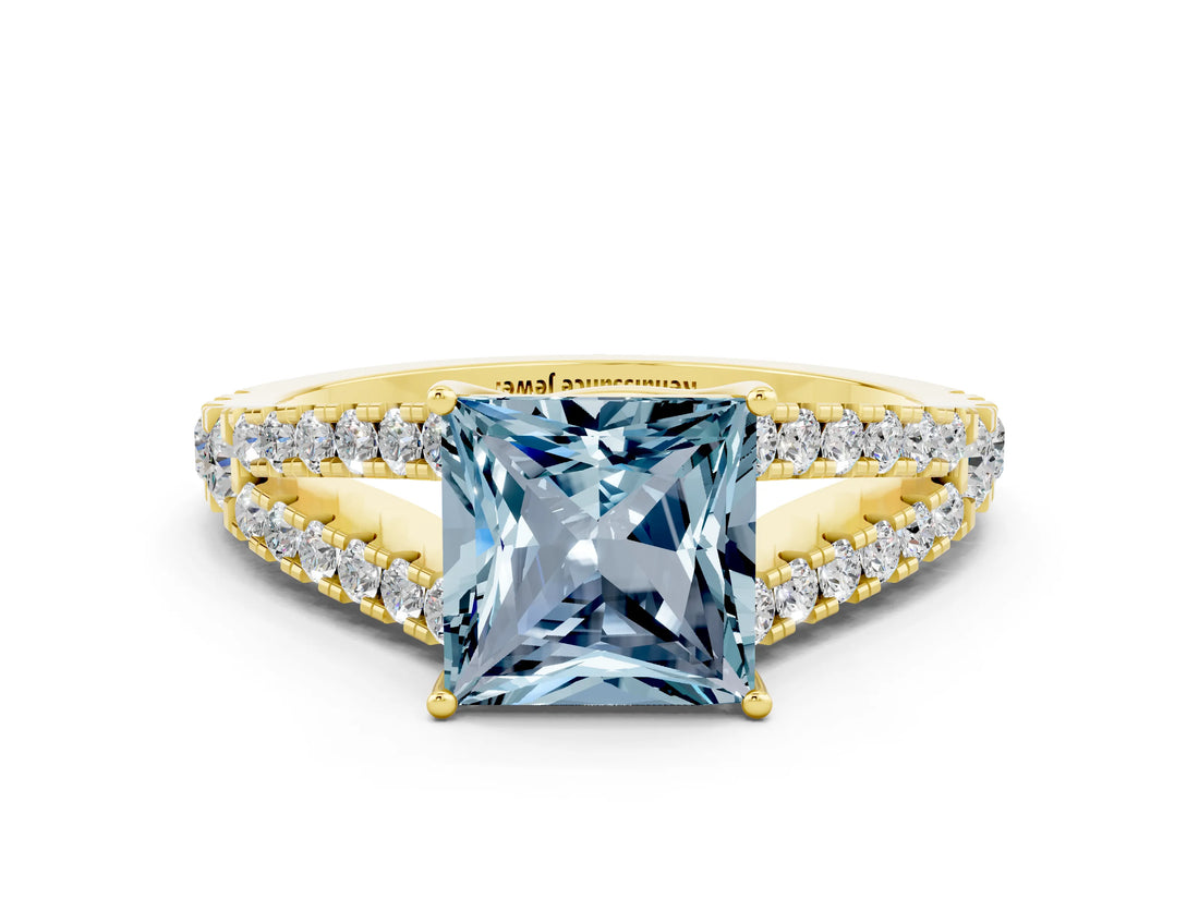 Yellow gold Princess Cut Cut Split Shank Pave Diamond Engagement Ring with Four-Prong Setting