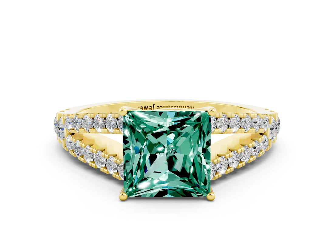 Yellow gold Princess Cut Cut Split Shank Pave Diamond Engagement Ring with Four-Prong Setting