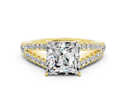 Yellow gold Princess Cut Cut Split Shank Pave Diamond Engagement Ring with Four-Prong Setting