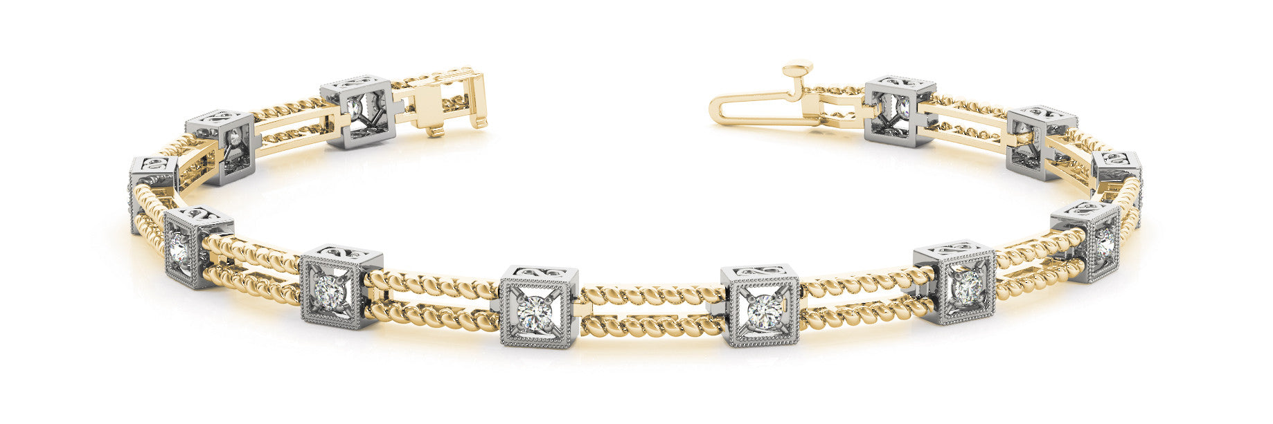 Yellow gold Princess Cut Diamond Box Link Tennis Bracelet with Milgrain Prong Setting