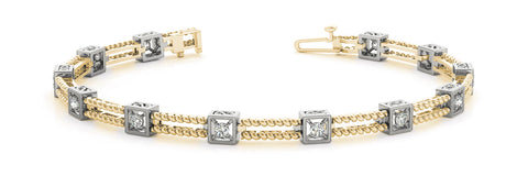 Yellow gold Princess Cut Diamond Box Link Tennis Bracelet with Milgrain Prong Setting