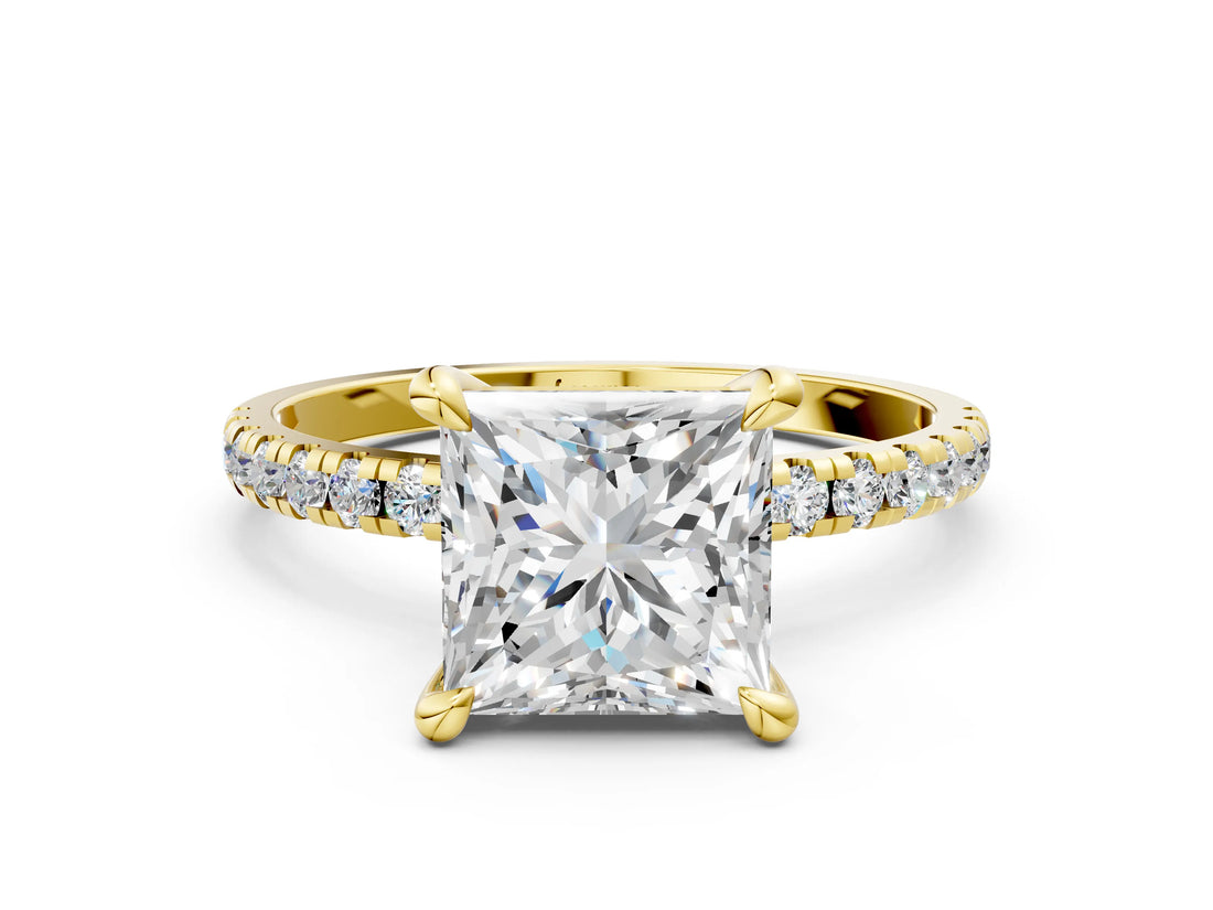Yellow gold Princess Cut Diamond Brilliant Solitaire Ring with Pavé Band and Four-Prong Setting_15