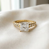 Yellow gold Princess Cut Diamond Cathedral Solitaire Ring with Round  Pavé Band_181