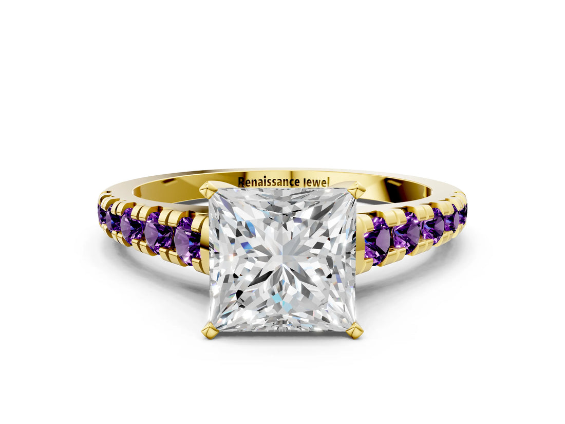 Yellow gold Princess Cut Diamond Cathedral Solitaire Ring with Round with Amethyst side stone Pavé Band_12