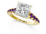 Yellow gold Princess Cut Diamond Cathedral Solitaire Ring with Round with Amethyst side stone Pavé Band_13