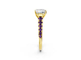 Yellow gold Princess Cut Diamond Cathedral Solitaire Ring with Round with Amethyst side stone Pavé Band_14