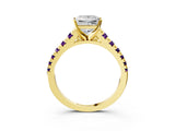 Yellow gold Princess Cut Diamond Cathedral Solitaire Ring with Round with Amethyst side stone Pavé Band_15