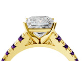 Yellow gold Princess Cut Diamond Cathedral Solitaire Ring with Round with Amethyst side stone Pavé Band_16