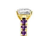 Yellow gold Princess Cut Diamond Cathedral Solitaire Ring with Round with Amethyst side stone Pavé Band_17