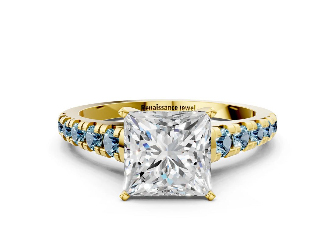 Yellow gold Princess Cut Diamond Cathedral Solitaire Ring with Round with Aquamarine side stone Pavé Band_12