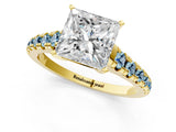 Yellow gold Princess Cut Diamond Cathedral Solitaire Ring with Round with Aquamarine side stone Pavé Band_13