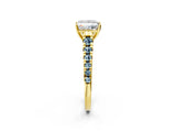 Yellow gold Princess Cut Diamond Cathedral Solitaire Ring with Round with Aquamarine side stone Pavé Band_14