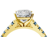 Yellow gold Princess Cut Diamond Cathedral Solitaire Ring with Round with Aquamarine side stone Pavé Band_16