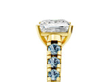Yellow gold Princess Cut Diamond Cathedral Solitaire Ring with Round with Aquamarine side stone Pavé Band_17